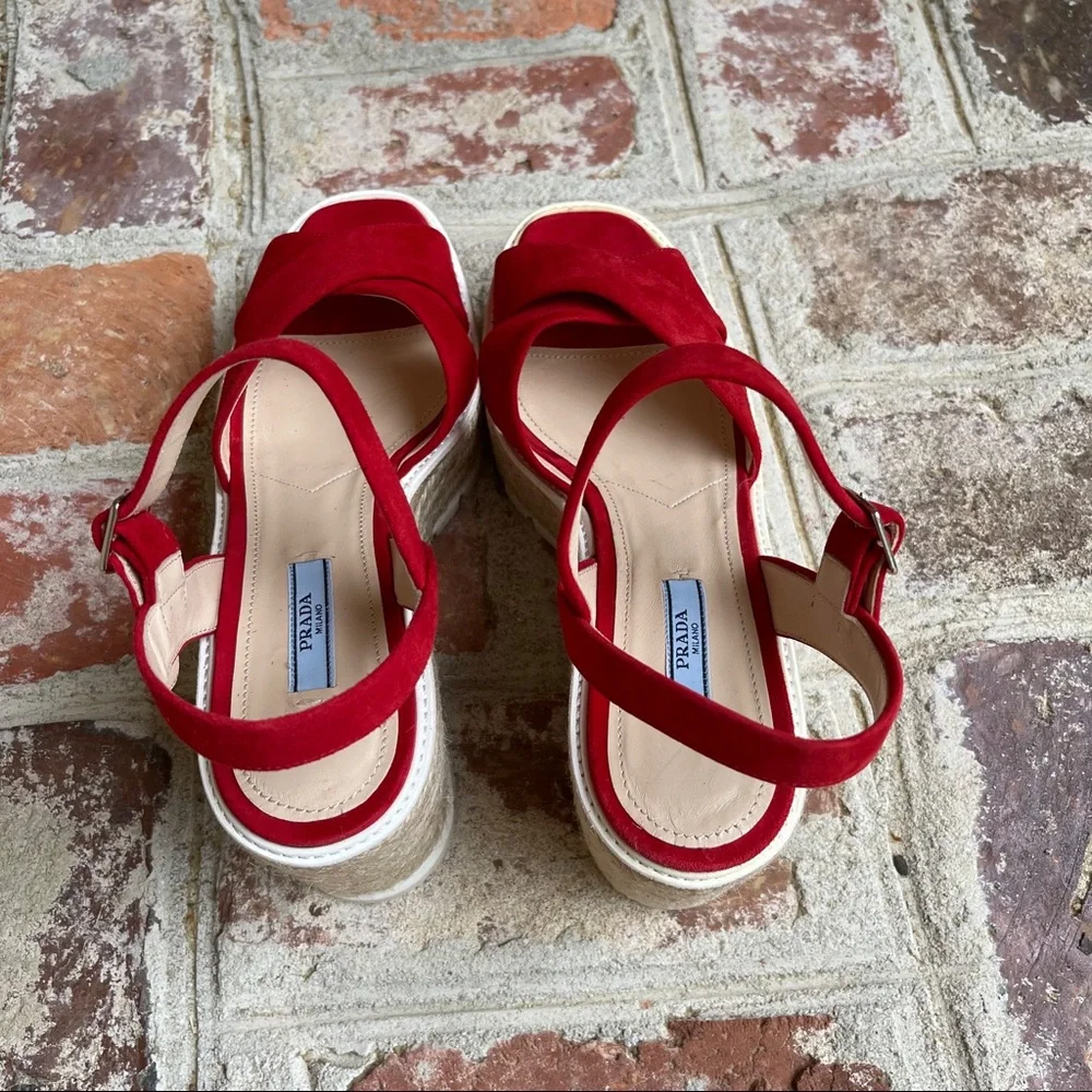 Prada Red Suede Espadrille Platform Sandals - Picture 6 of 11